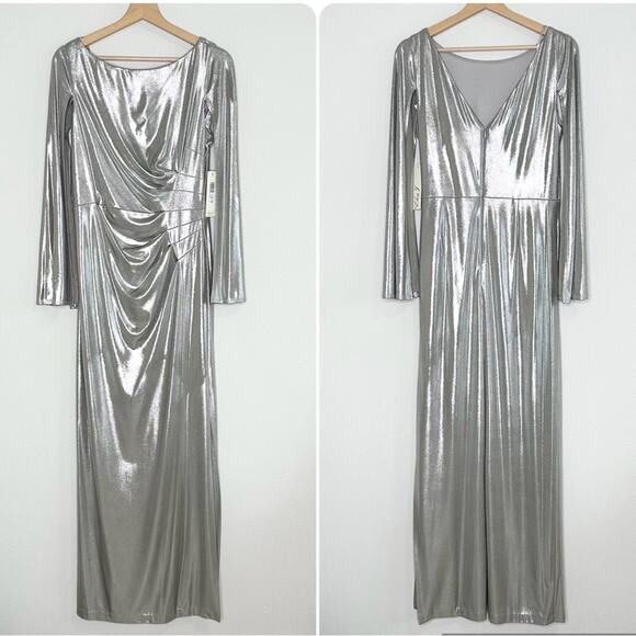 NWT Eliza J Metallic Silver Foil Maxi Dress Size 10 - Picture 1 of 6